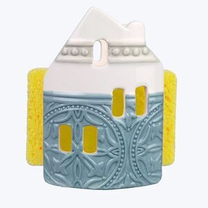 Casual Provincial Kitchen Sponge Holder with Sponge Blue and White Ceramic
